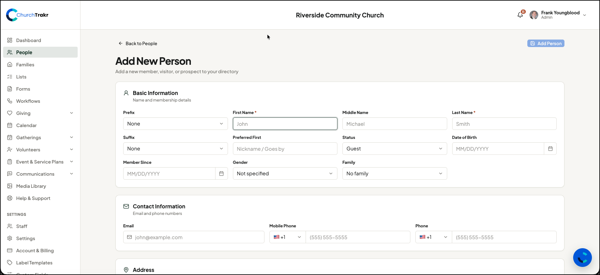 Add a New Person in ChurchTrakr