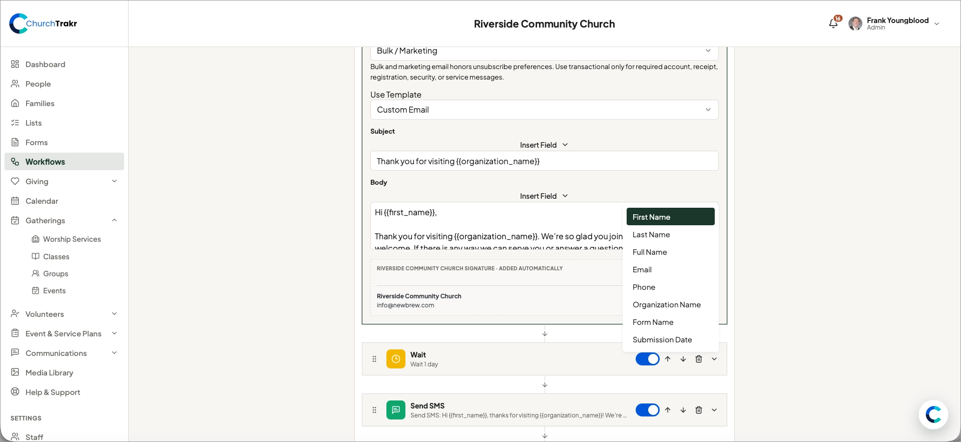 Insert merge field into workflow message